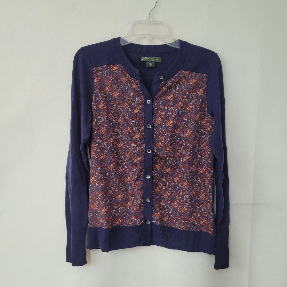 Eddie Bauer Navy Blue Paisley Mixed Media Button Front Cardigan Sweater Womens M